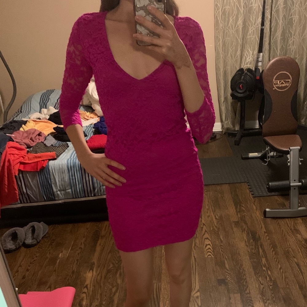 Hot pink lace midi dress